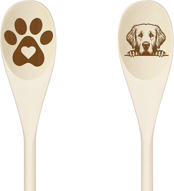 Decorative Wooden Spoons with Peeking Dog Designs, Paw Print and Dog Head, Kitchen Utensils Set of 2 (KUVASZDOG)