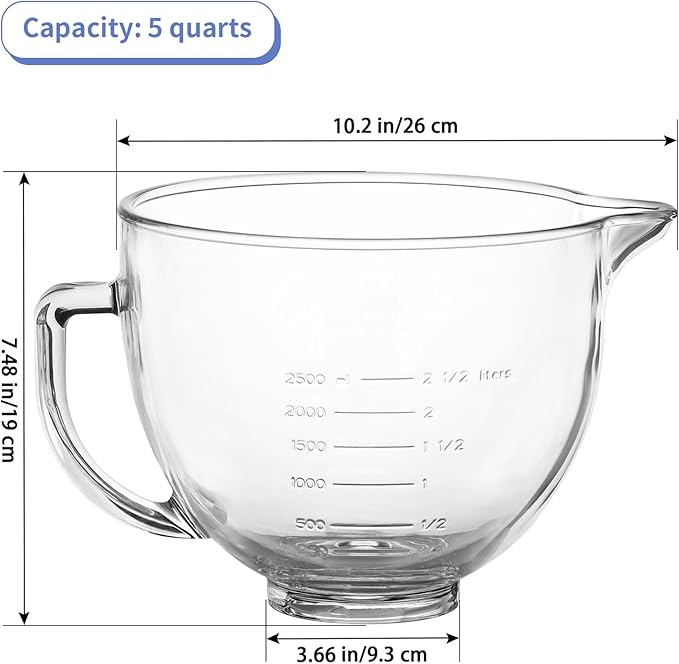 MOLIGOU Glass Bowl Compatible with Kitchenaid 4.5 and 5 Quart Tilt-Head Stand Mixers, 5 qt Stand Mixer Bowl with Lid and Pour Spout