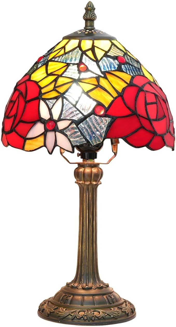 Tiffany Lamp - Red Rose Stained Glass Table Lamp 8x8x14 Inches - Red Rose Style Desk Reading Light - Bedroom & Living Room Decor