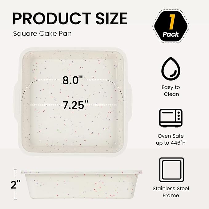 Vinino 8 inch Silicone Square Cake Pan with Metal Reinforced Frame, Nonstick Silicone Brownie Pans BPA Free Suitable for Making Cakes, Brownies, Bread