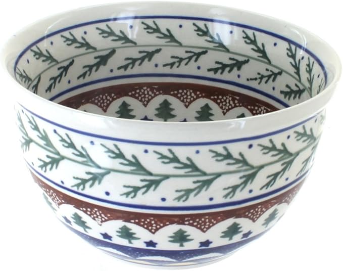 Blue Rose Polish Pottery - Green Evergreen Small Mixing Bowl - 4 Cup Capacity - Polish Pottery Holiday Bowls, Festive Evergreen Christmas Design for Baking, Mixing & Serving