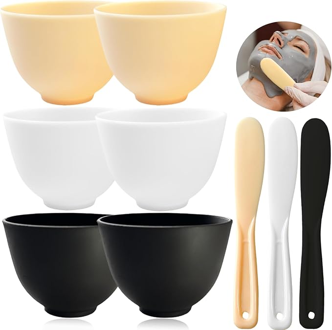 9Pcs Silicone Facial Mask Bowl DIY Face Mask Mixing Bowl for Home Salon Spa Face Skin Applicator Bowl with Stir Sticks, Black,White,Yellow
