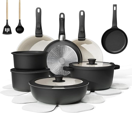 23-Piece Removable Handle Pots and Pans Set Non Stick, Ceramic Cookware Set with Mini Egg Pan, Large Capacity, Non-Toxic, Induction & Oven Safe, Dishwasher Safe, RV Compatible, Black & White