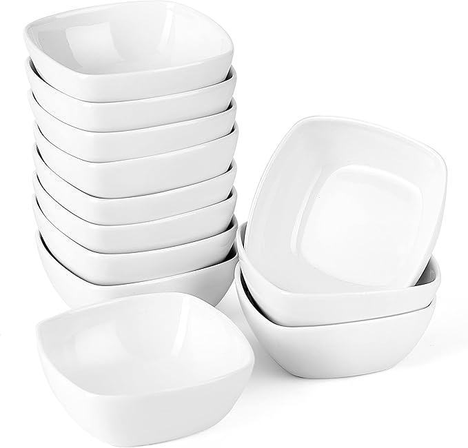 MALACASA 5 oz Porcelain Dip Bowls Set, 12 Pack Small Ramekins, Dipping Sauce Dishes, Stackable Tiny Ramekins for Pudding, Souffle, Brulee, Dessert, Snack, Charcuterie Boards accessories, Oven Safe