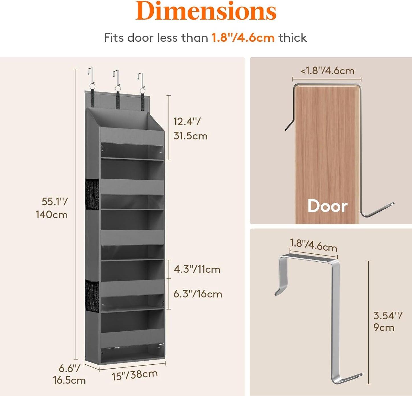 Lifewit 6 Packs Over the Door Organizer, 5 Shelf Clear Window Hanging Storage with 4 Mesh Side Pockets, Anti Tilt 40 lbs Load Behind Door for Pantry, Nursery, Bathroom, Bedroom, Kitchen, Dorm, Grey