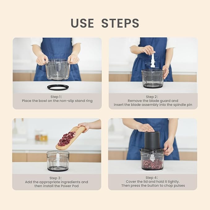 Food Processor, Electric Meat Grinder with 4 Stainless Steel Blades, 1.2L Food Chopper Small Grinder Meat Processor with 2 Speeds for Vegetable, Fruits, Baby Food, Meat, Garlic, 5 Cups