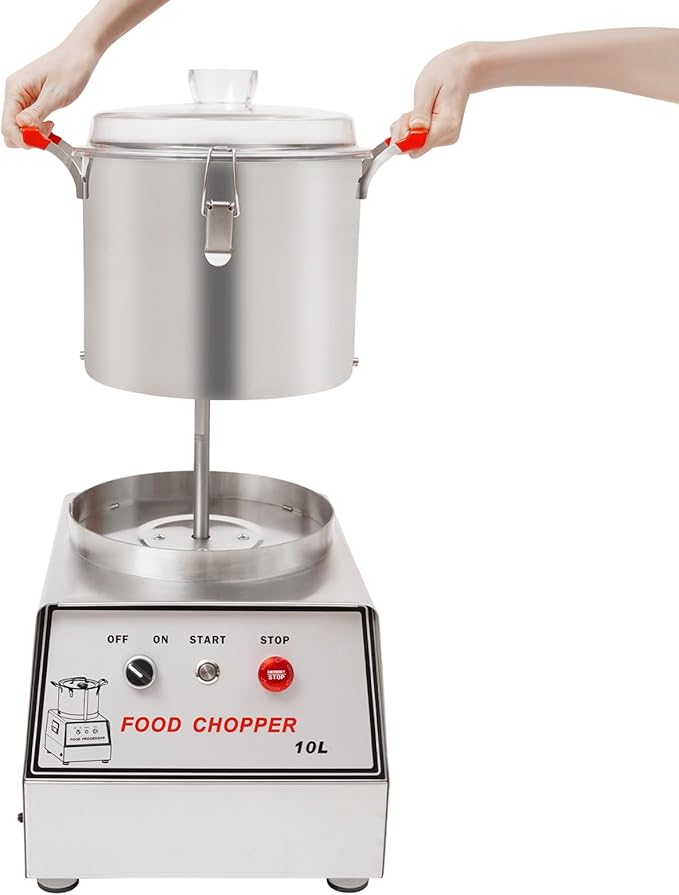 Commercial Food Processor, 1100W Stainless Steel Food-Processor, 2.64 Gal Capacity Electric Food Cutter with Clear Lid & Handles for Restaurants Cafeterias Food Processing Plants