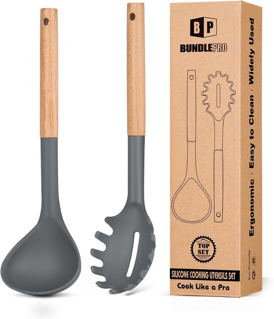 Silicone Pasta Fork and Ladle Spoon Set with Wooden Handle, Heat Resistant Non Stick Kitchen Utensils for Cooking, Stirring, Serving Spaghetti, Soup, Sauce(GRAY)