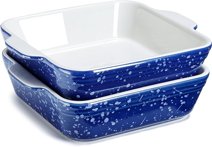 NUTRIUPS 13oz 5.9x5.9in Square Ceramic Baking Dish Set, 2-Pack Small Oven-Safe Baking Pan for Lasagna, Casserole - Bakeware for Baking & Serving (Blue)