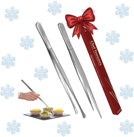 Namre' Tweezer Tongs for Cooking -Plating - 2 Pack Stainless Steel Cooking Tongs - Chopstick Precise & Strong Chef Tweezers for Food & Small Objects - 12 Inch - (Silver) Holiday and hostess gift.