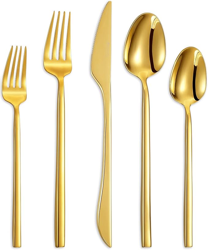KEAWELL 20-Piece Luxury Mirror Polished Cutlery Set, 18/10 Stainless Steel Tableware, Modern Silverware Set Includes 8 x Spoons, 8 x Forks, 4 x Knives Durable Flatware for Home Kitchen in Gold