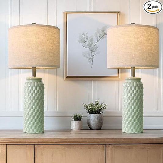 24" Modern Ceramic Green Bedside Lamp Set of 2 Table Lamp for Bedroom Decor Farmhouse Table Lamp for Living Room Office Dorm