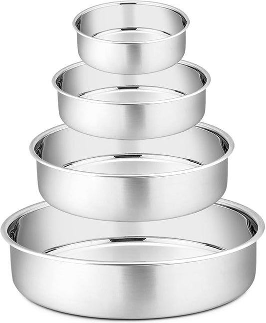 P&P CHEF Cake Pans Sets for Baking, 4" + 6" + 8" + 9.5" 4 Piece Stainless Steel Round Cake Pans Tin, Oven/Pot/Dishwasher Safe, Combination of Different Sizes, Leak-proof & Easy Clean