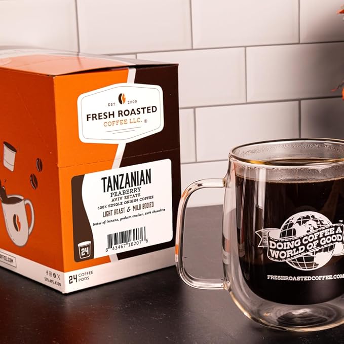 Fresh Roasted Coffee, Tanzanian Peaberry, Light Roast, 72 Pods for K Cup Brewers