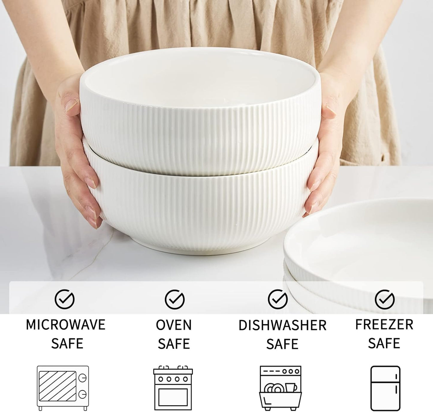 getstar Salad Bowl, 8 inch 60 oz Large Serving 2 Packs Ceramic Bowl Set, Microwave & Freezer Safe, Bowl Set of 2 For Fruit Soup Pasta Popcorn (White)