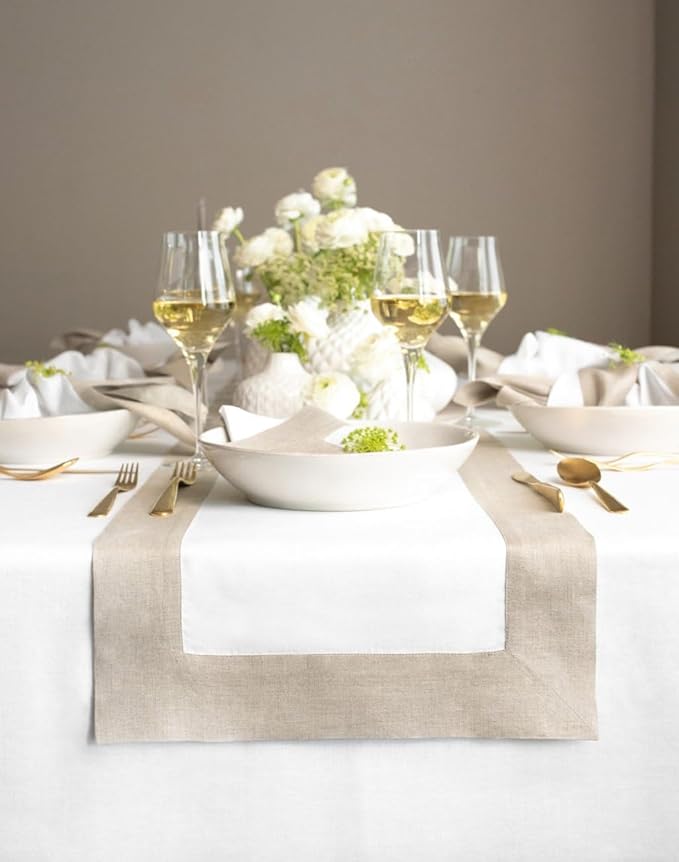 Solino Home Linen Table Runner 60 Inches - 100% Pure Linen Natural and White Table Runner 14 x 60 Inch Ideal for Dresser and Coffee Tables - Christmas, Winter, New Year - Contempo