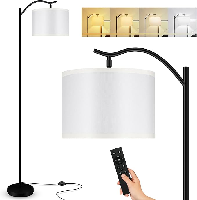 BoostArea Floor Lamp for Living Room,Arc Floor Lamp with Remote Control,Stepless Dimmable Brightness & Colors Temperature 2700k-6500k,Modern Standing Lamp for Bedroom Study Room Office,White