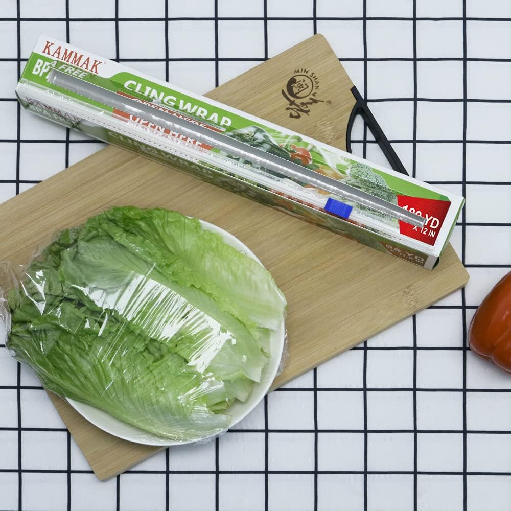 KAMMAK Plastic Wrap with Slide Cutter - 4 Pack 12 inch Clear Cling Film, 300 Square FT Roll - BPA Free, Microwave Safe, Quick Cut Kitchen Wrap