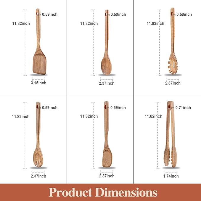 Wooden Cooking Utensils, 6 Pieces Natural Acacia Wooden Spoons For Cooking with Unique Notch & Heat Resistant Design, Non-Stick Wood Kitchen Utensil Set with Hanging Hole for Kitchen Essentials