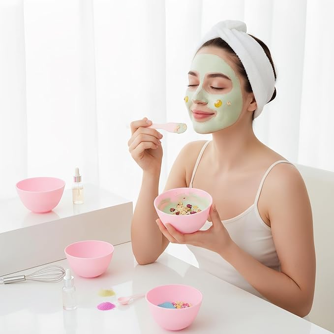 Face Mask Silicone Mixing Bowls Set: 3 Pcs Pink Plastic Facial Mud Bowls Esthetician Tool Reusable for Women Home Salon Spa Face Skincare