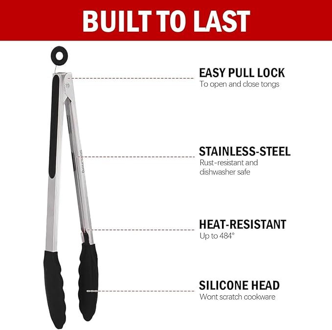 Silicone Kitchen Tongs for Cooking - 9+12 Inch Heat-Resistant Stainless Steel Cooking Tongs with Non-Slip Handle, Non-Scratch Tips for, BBQ, Salad & Air Fryer - 2-Pieceblack