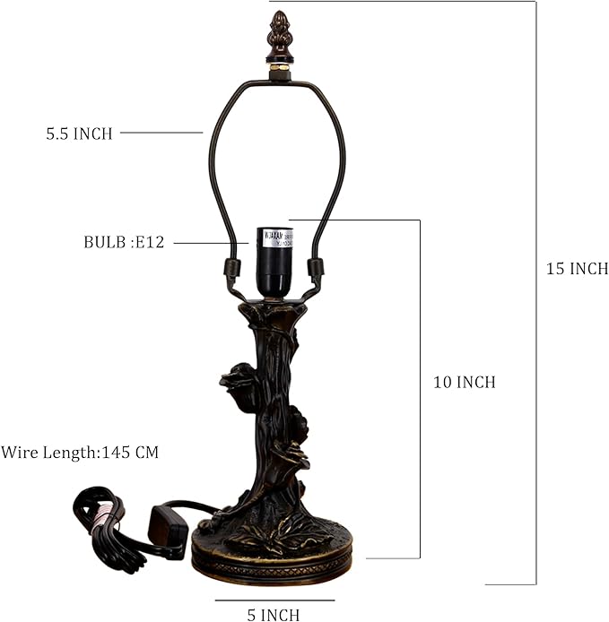 Table Lamp Base Replacement Only, Wide 5 Height 15 Inch, Fit for 6, 8, 10 Inch Tiffany Style Stained Glass Lampshade, Dark Bronze Finish,Resin, Push Switch On Cord(D (W5H15 Inch))