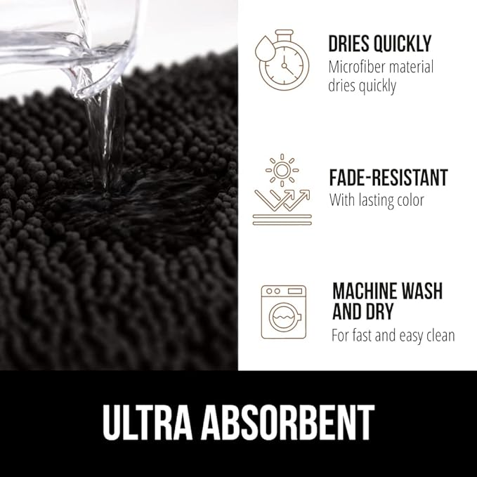 GORILLA GRIP Bath Rug Mat 36x24, Thick Soft Absorbent Chenille, Quick Dry Microfiber Mats, Rubber Backing Washable Shower Floor Rugs, Bathmat Runner, US Designed Bathroom Home Decor Accessories Black