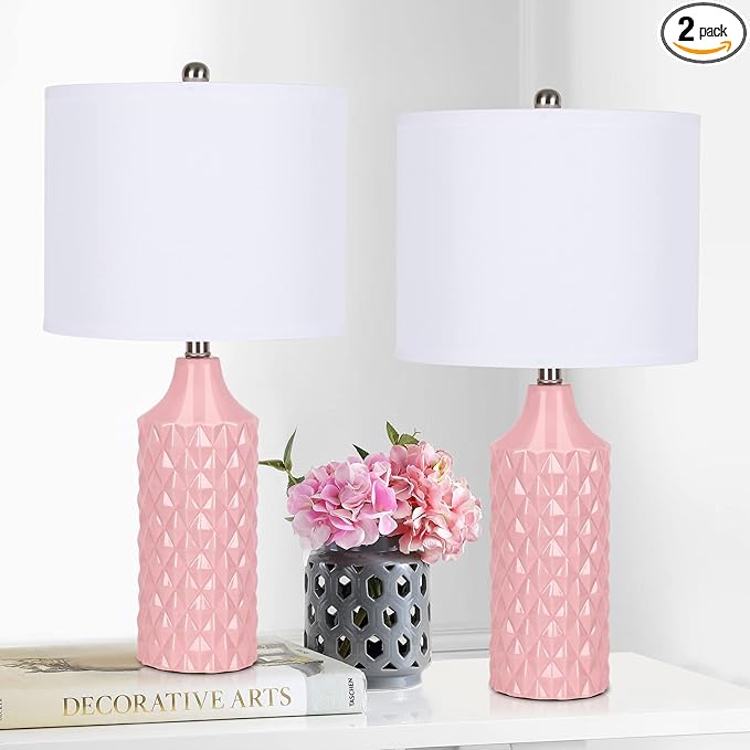 Modern Pink Ceramic Table Lamps Set of 2, 25" Nightstand Lamps with 3-Way Dimmable Bulbs for Bedroom & Living Room