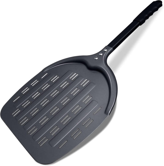 Pizza Peel, 14 Inch Perforated Pizza Peel, Professional Aluminum Pizza Paddle, Restaurant Grade, Long Handle Non-Stick Metal Peel for Outdoor Pizza Oven