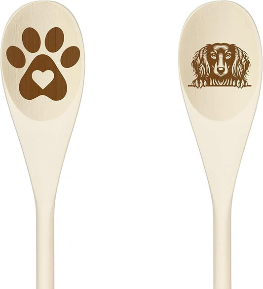 Decorative Wooden Spoons with Peeking Dog Designs, Paw Print and Dog Head, Kitchen Utensils Set of 2 (LONG HAIRED DACHSHUND)