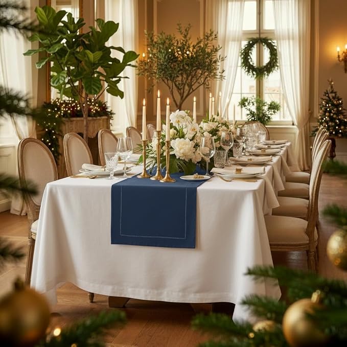 D'Moksha Homes Linen Navy Blue Table Runner 60 Inches - Classic Hemstitch, 100% Pure Linen Coffee Table Runner 14 x 60 Inch Ideal for Dresser Tables - Winter, Christmas, Holiday, New Year