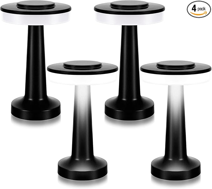 Riakrum 4 Pcs LED Portable Cordless Table Lamp with Touch Sensor 3 Color Stepless Dimming Rechargeable Battery up to 15 Hours Cordless Table Light Wireless Lamp for Nursery (Black)