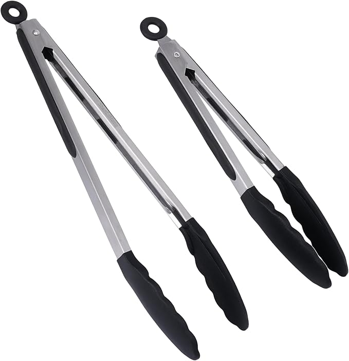 Silicone Kitchen Tongs for Cooking - 9+12 Inch Heat-Resistant Stainless Steel Cooking Tongs with Non-Slip Handle, Non-Scratch Tips for, BBQ, Salad & Air Fryer - 2-Pieceblack