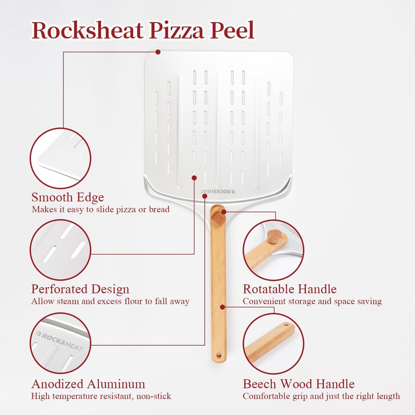 15x12 Inch Pizza Stone & 12 Inch Rotatable Pizza Peel Set, Baking Stone with Non-Stick Aluminum Peel, Spatula with Beech Wood Handle, Cordierite Bread stone for oven
