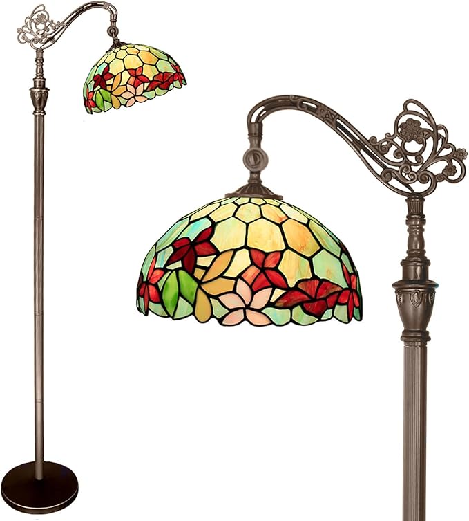 Tiffany Floor Lamp Stained Glass Lamp 18.88X12X67 Inch Angle Adjustable Arched Gooseneck Antique Reading Light (Red Green Flowers)