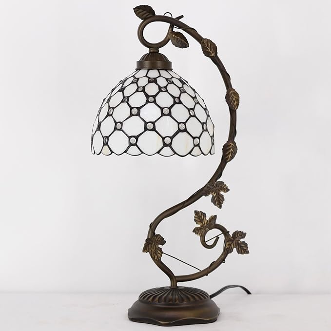 WERFACTORY Tiffany Table Lamp Cream Stained Glass Pearl Style Desk Light with Metal Leaf Base 8X10X21 Inches Decor Small Space Bedroom Home Office S005 Series