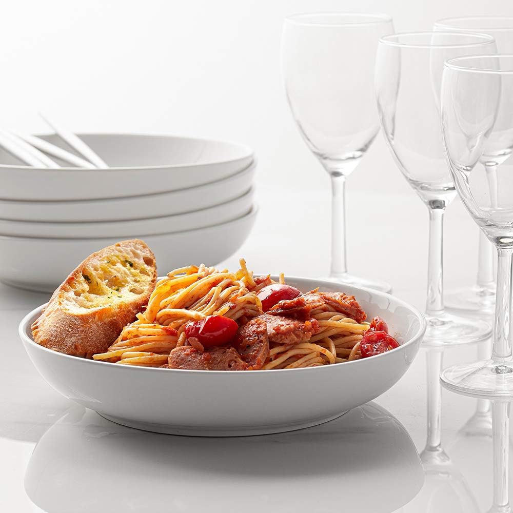 Y YHY Pasta Bowls 32oz, Ceramic Large Salad Serving Bowls, White Pasta Bowls Set, Shallow Soup Bowl Set of 4, Microwave & Dishwasher Safe