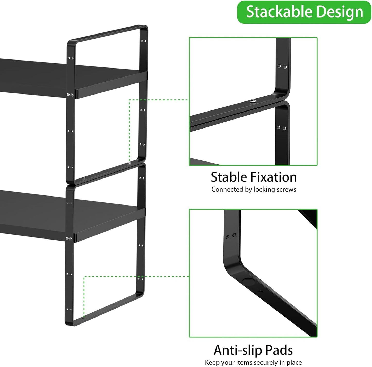 Expandable Cabinet Storage Shelf Stackable Organizer Rack for Kitchen Bathroom Pantry Spice Cupboard Countertop Home Office Desk Heavy Duty Nonslip Black Small 1 Pack