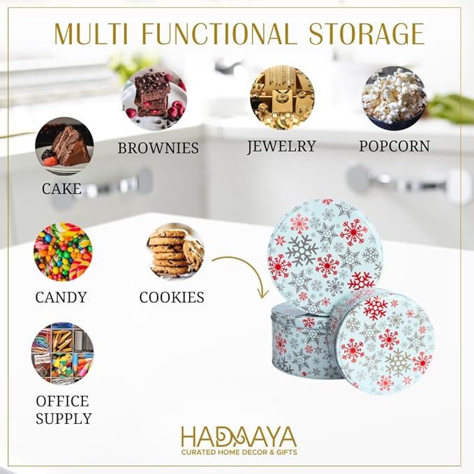 Pack of 3 Round Snowflake Christmas Tin Set – Stackable Holiday Storage Containers with Red and Silver Snowflake Design | Perfect for Cookies, Candy, and Gifts | Decorative Winter Gift Boxes