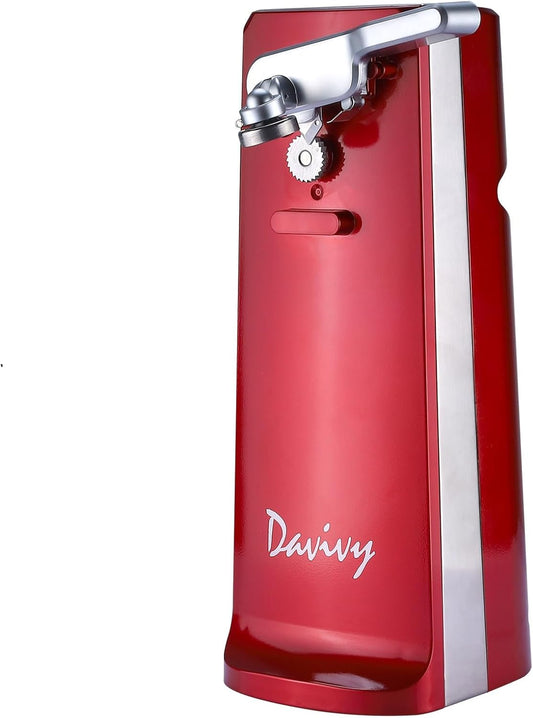 Davivy Electric Can Opener for One Touch Lid Opening,Removable Stainless Steel Cutter and 3- in-1 Design with Knife Sharpener and Bottle Opener, Red