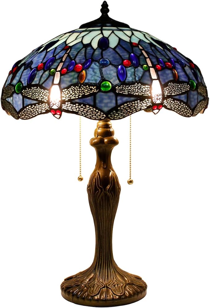 WERFACTORY Tiffany Style Table Lamp Blue Stained Glass Dragonfly Bedside Desk Reading Light Metal Base 16X16X24 Inches Decor Bedroom Living Room Home Office S004 Series