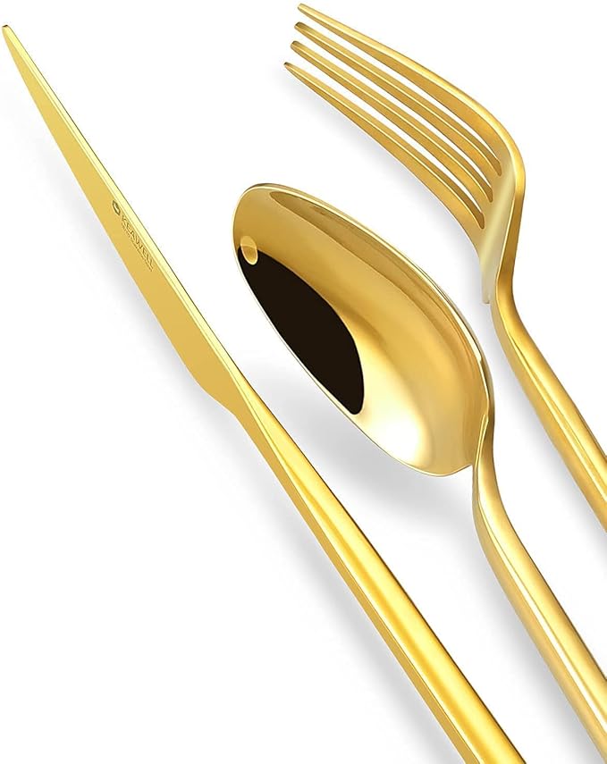 KEAWELL 20-Piece Luxury Mirror Polished Cutlery Set, 18/10 Stainless Steel Tableware, Modern Silverware Set Includes 8 x Spoons, 8 x Forks, 4 x Knives Durable Flatware for Home Kitchen in Gold