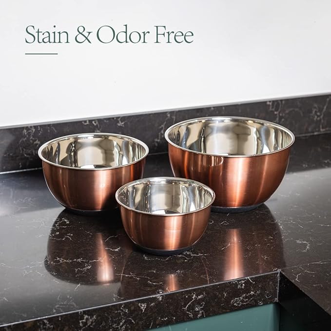 Samma Copper Mixing Bowls Set with Stainless Steel Body with Black Silicone Bottom Mixing Bowl- Versatile Kitchen Mixing Bowls- 3 Piece with Lids