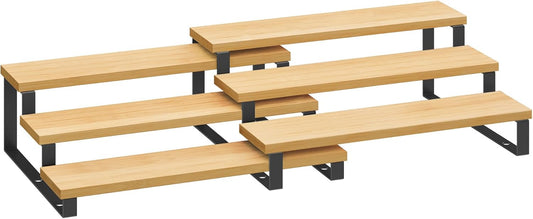 SONGMICS Display Risers, Set of 2 Engineered Wood Perfume Organizer Stand, 3-Tier Cupcake Stand Holder, Spice Rack, Shelf Risers for Figures, Dessert Shelves, Natural Beige and Ink Black UKCS016N01