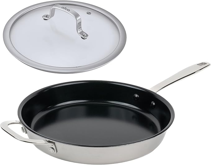 Alva Maestro Nonstick Stainless Steel Frying Pan 11″ – Oven‑Safe, Induction & All‑Stove Compatible, Made with No PFAS/PFOA/PTFE, Even‑Heat Tech, Glass Lid Included