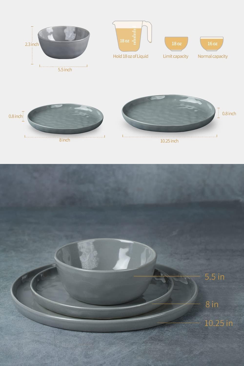 Famiware Mars Plates and Bowls Set, 24 Pieces Dinnerware Sets, Dishes Set for 8, Dark Gray