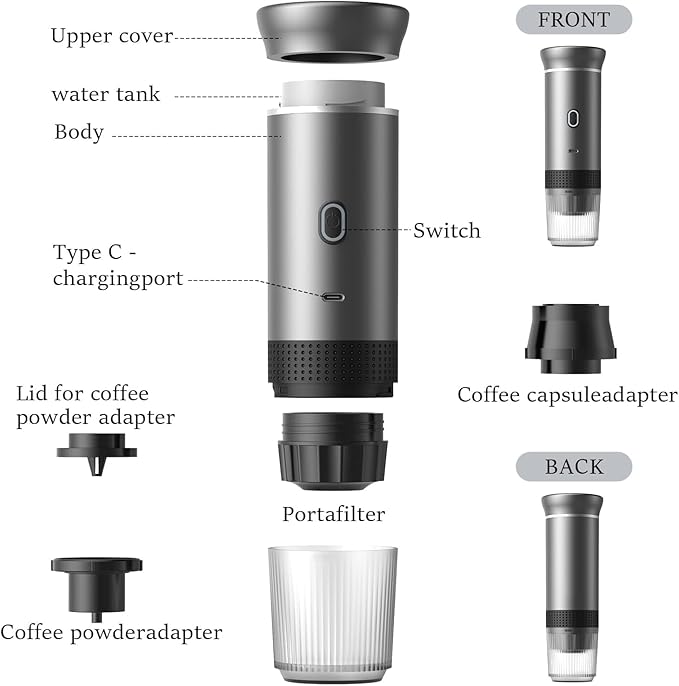 Zcyge 5-CUP Portable Coffee Maker Espresso Machine, Travel Camping Coffee Makers, Mini Battery Portable Espresso Self-Heating Car Coffee Maker With Ground Coffee & NS Capsule