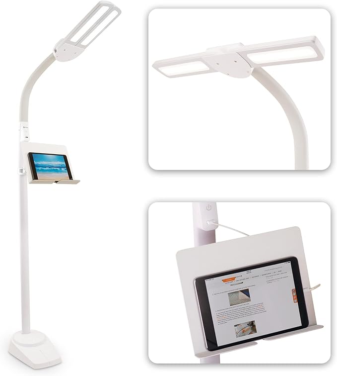 Ottlite Dual Shade LED Standing Floor Lamp with Adjustable Stand - Wide Range of Illumination with Built-in 2.1A USB Charging Port and Flexible Neck - 4 Brightness Settings for Reading & Studying