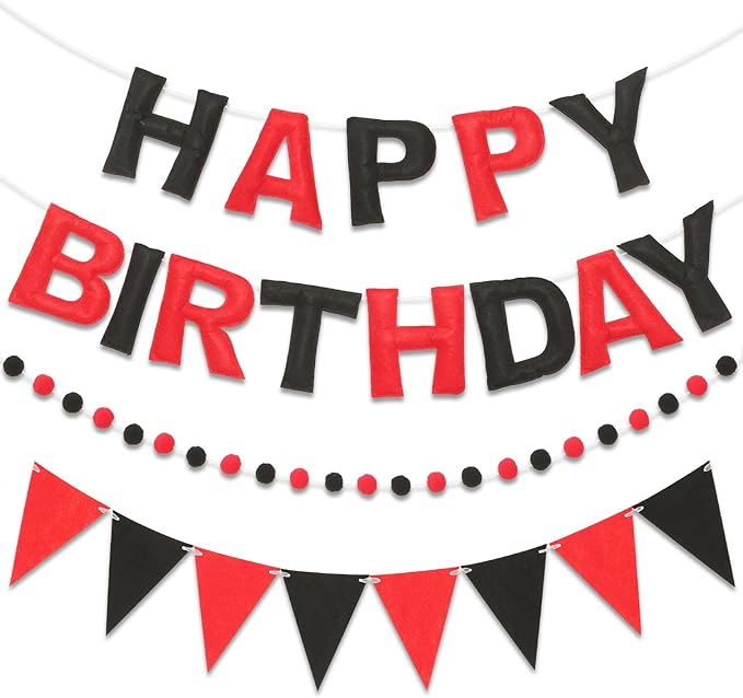 Pre-Strung Happy Birthday Banner & Felt Garland Set - Red & Black Birthday Decorations for Women Men Boys Girls | Reusable Party Supplies for Indoor & Outdoor