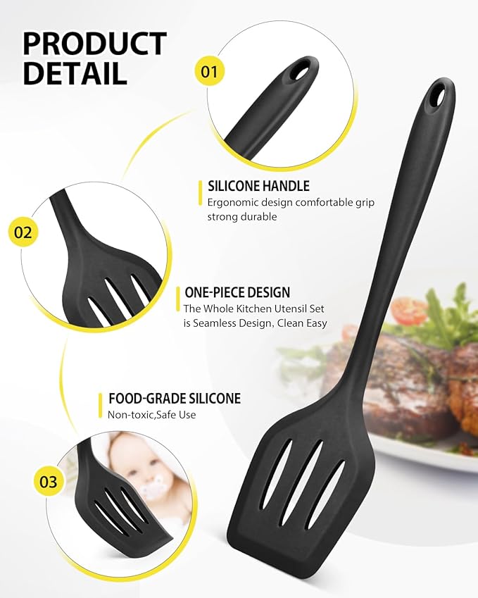 4 Pcs Silicone Kitchen Utensils Set, Wok Spatulas-Slotted Turner-Cooking Spoon-Slotted Spoon, Nonstick BPA Free High Heat Resistant Cooking Utensils for Frying, Mixing, Serving, Draining, Stirring